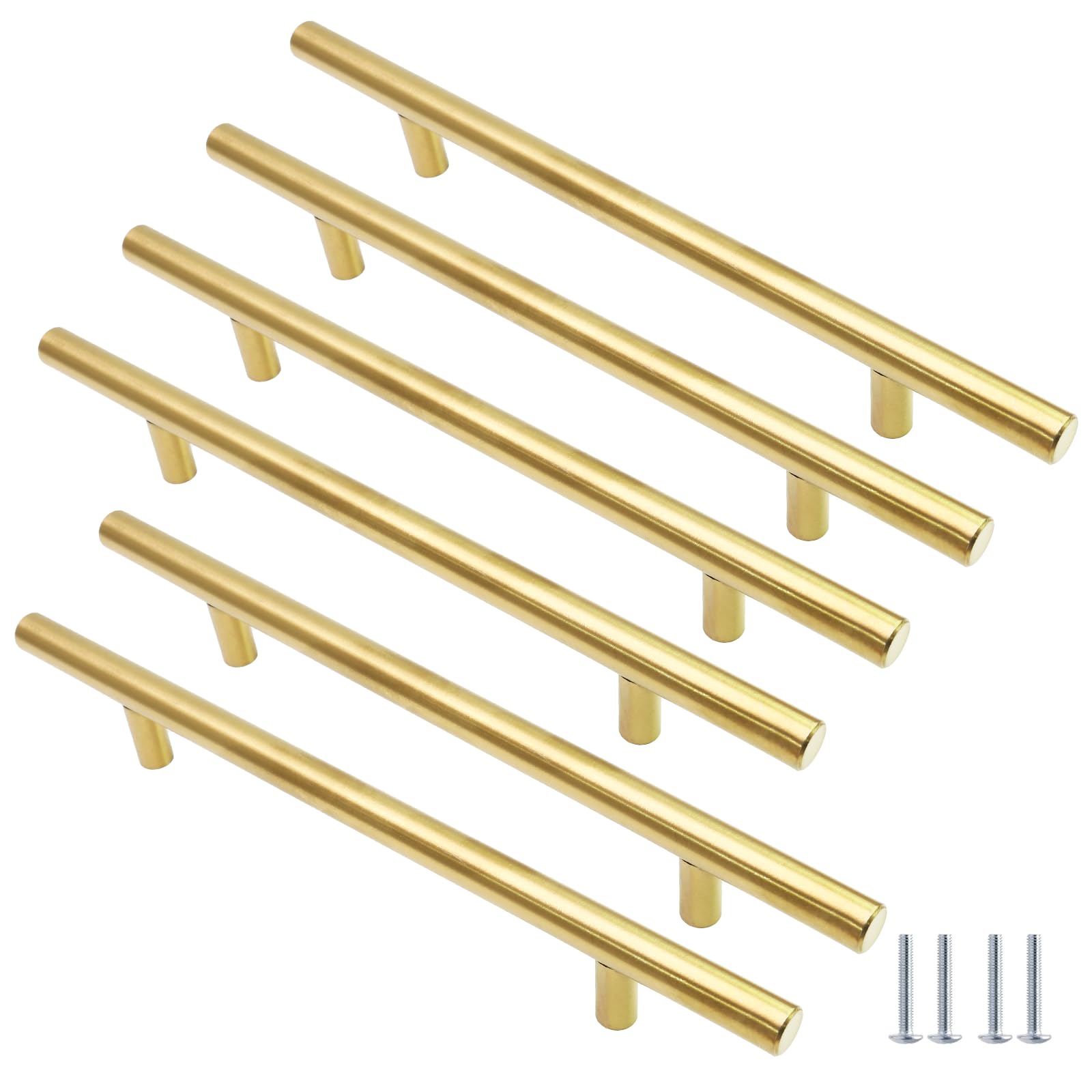 Cjueiom 6 Pack Gold Cupboard Handles 160mm Hole Center T Bar Handles, Stainless Steel Drawer Handles Long Wardrobe Door Handles Pulls, 250mm Length Kitchen Cabinet Handles for Bedroom Drawer