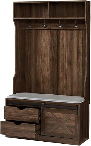 Miniatura 10 de JINS&VICO Banco de entrada de madera marrón claro con almacenamiento, 40.55 pulgadas de largo x 16.33 pulgadas de ancho x 70.86 pulgadas de alto