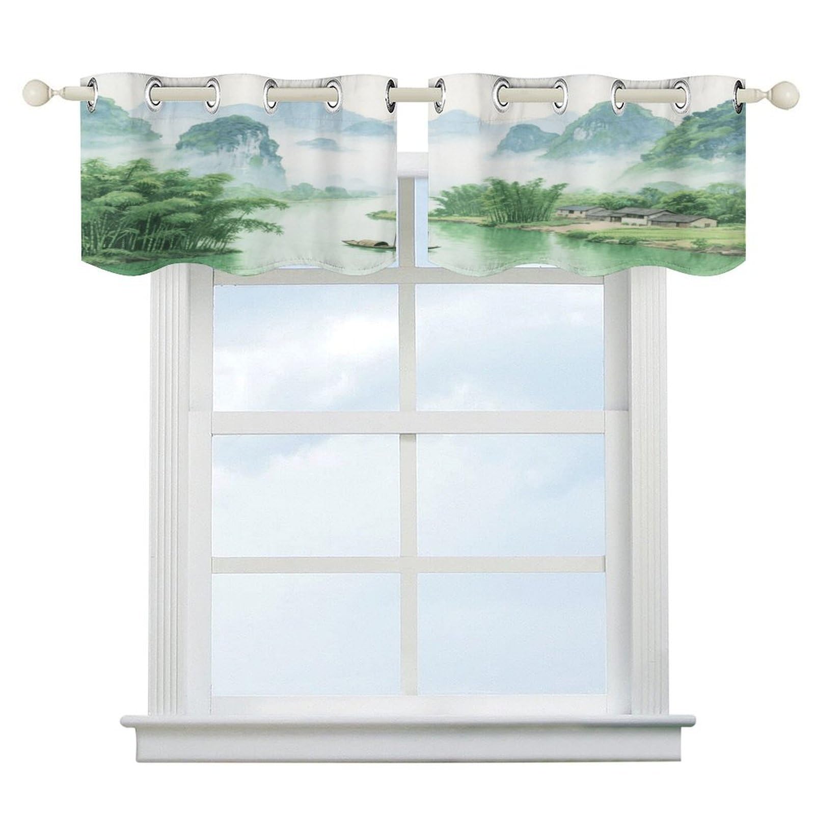 Fekiloot Style Guilin Landscape Painting Short Curtains Valance Curtain