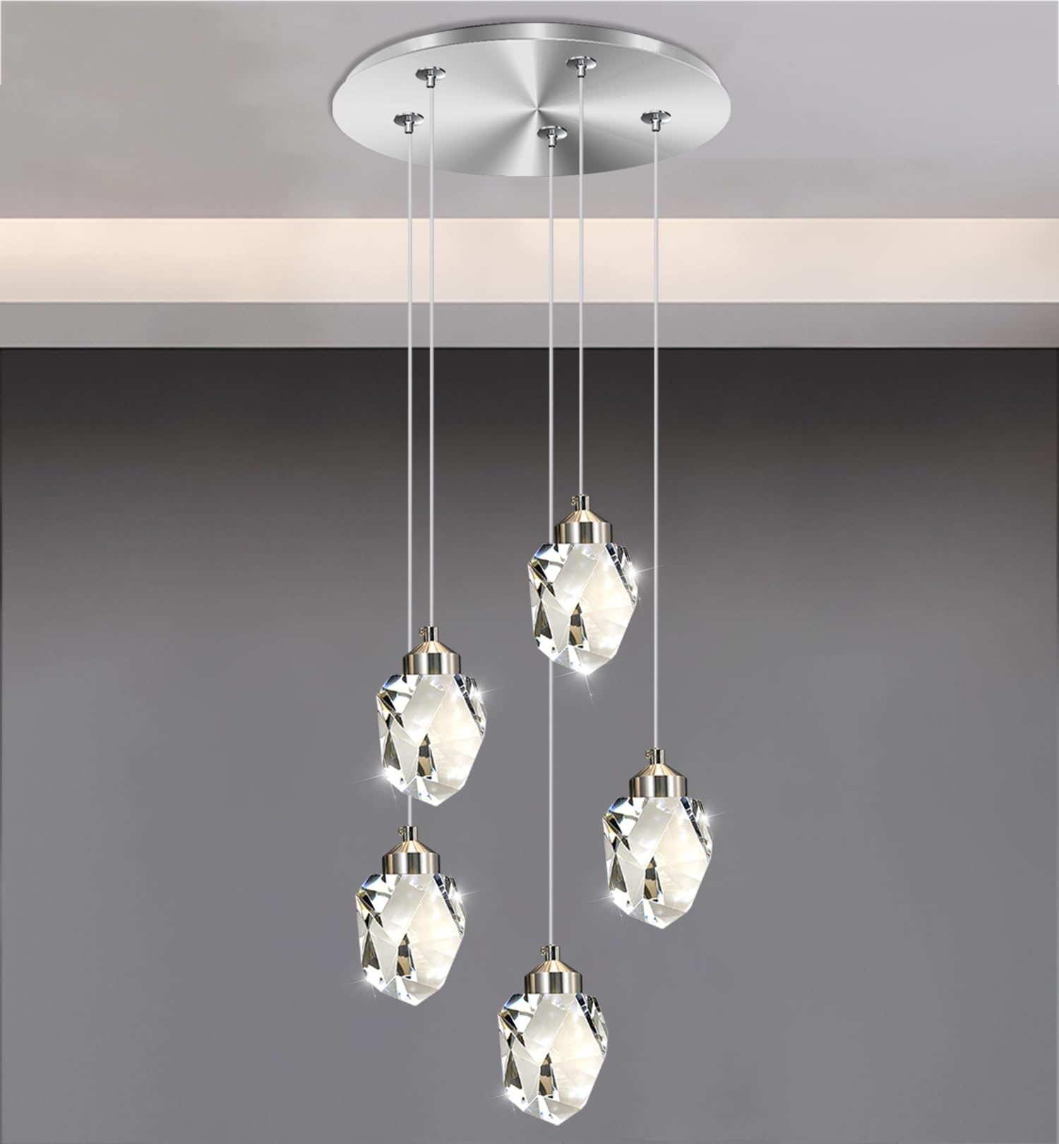 Modern LED Chrome Crystal Raindrop Chandeliers Adjustable Pendant Light for Kitchen Island 5-Light Dining Room Light Fixtures Over Table Dimmable 3000K-6000K