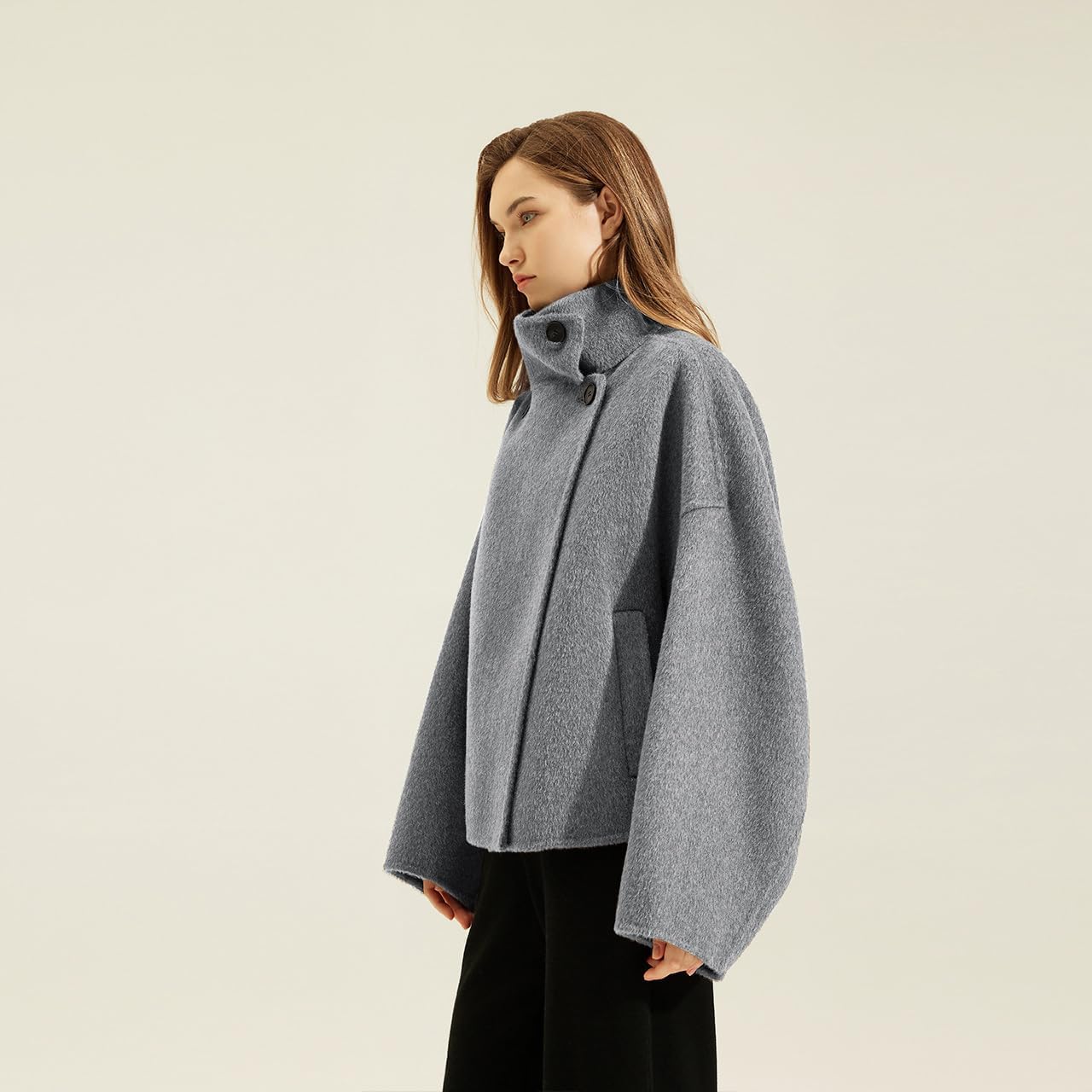 utcoco Women Cropped Thicken Wool Coats Oversized Short Jackets Notched Lapel Pea Coat Trench Overcoats with Pockets - Image 4