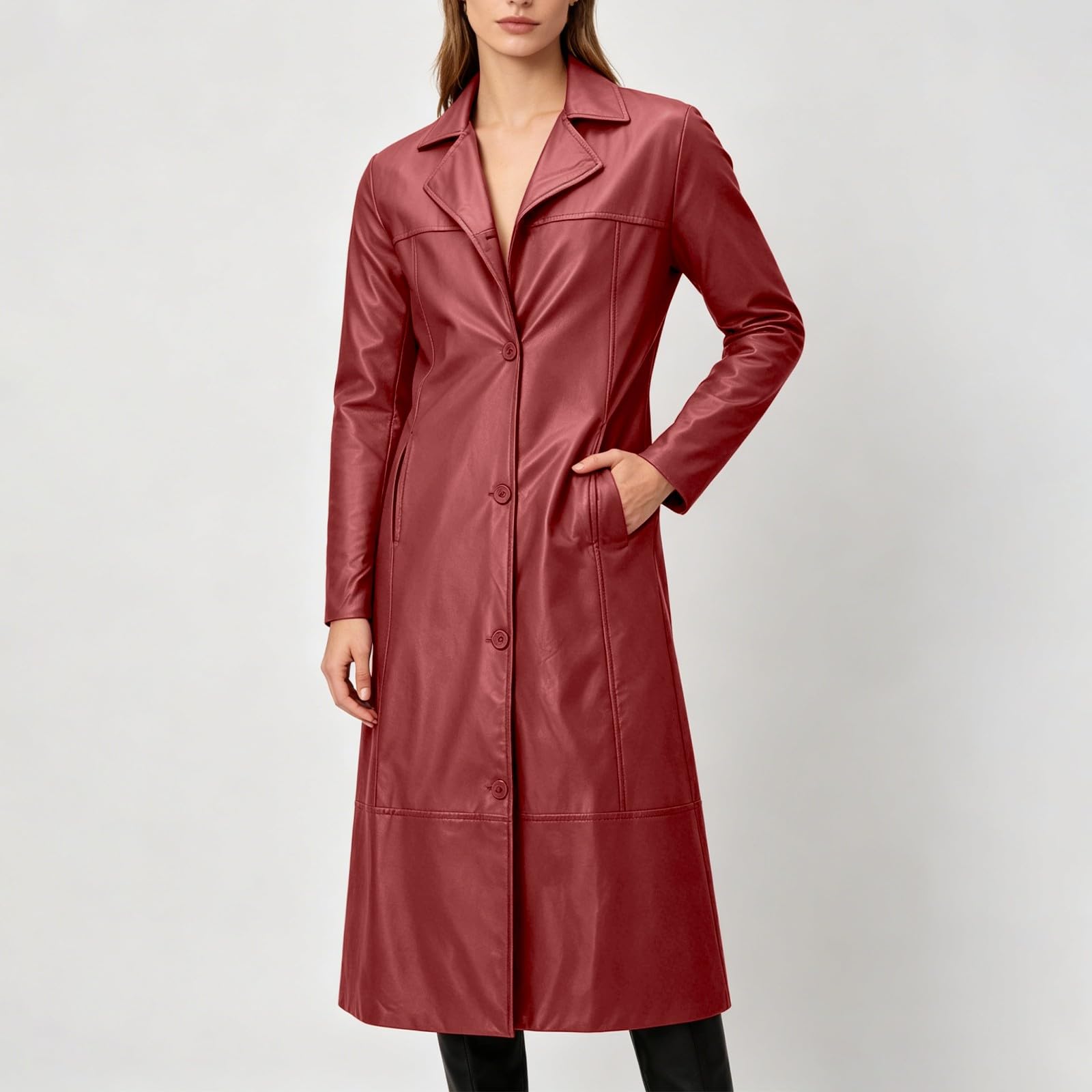 Trench lungo da uomo, impermeabile, cappotto invernale lungo | Giacca in pelle, tinta unita, a maniche lunghe, con bottoni, cappotto invernale aperto, impermeabile, antivento