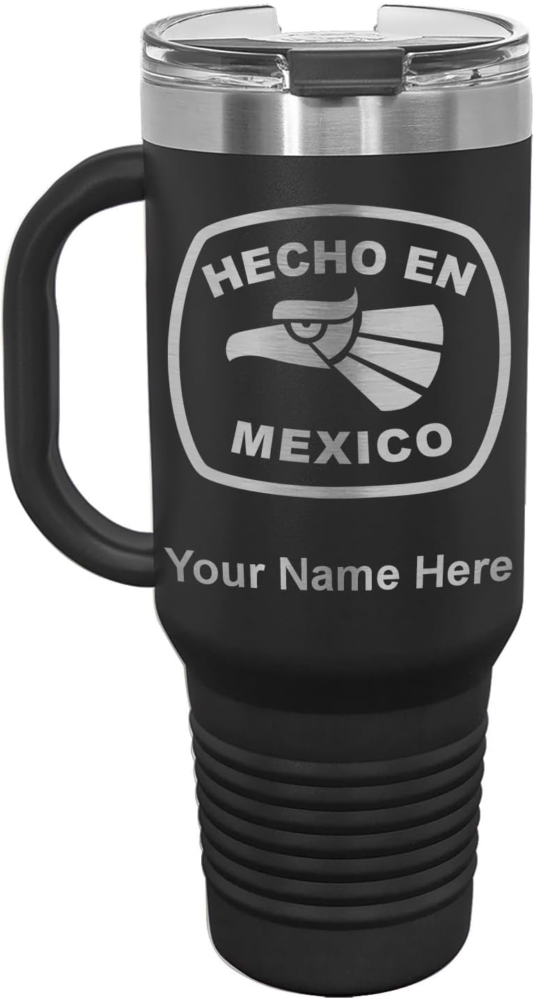LaserGram 40oz Vacuum Insulated Travel Mug with Handle, Hecho en Mexico, Personalized Engraving Included (Black)
