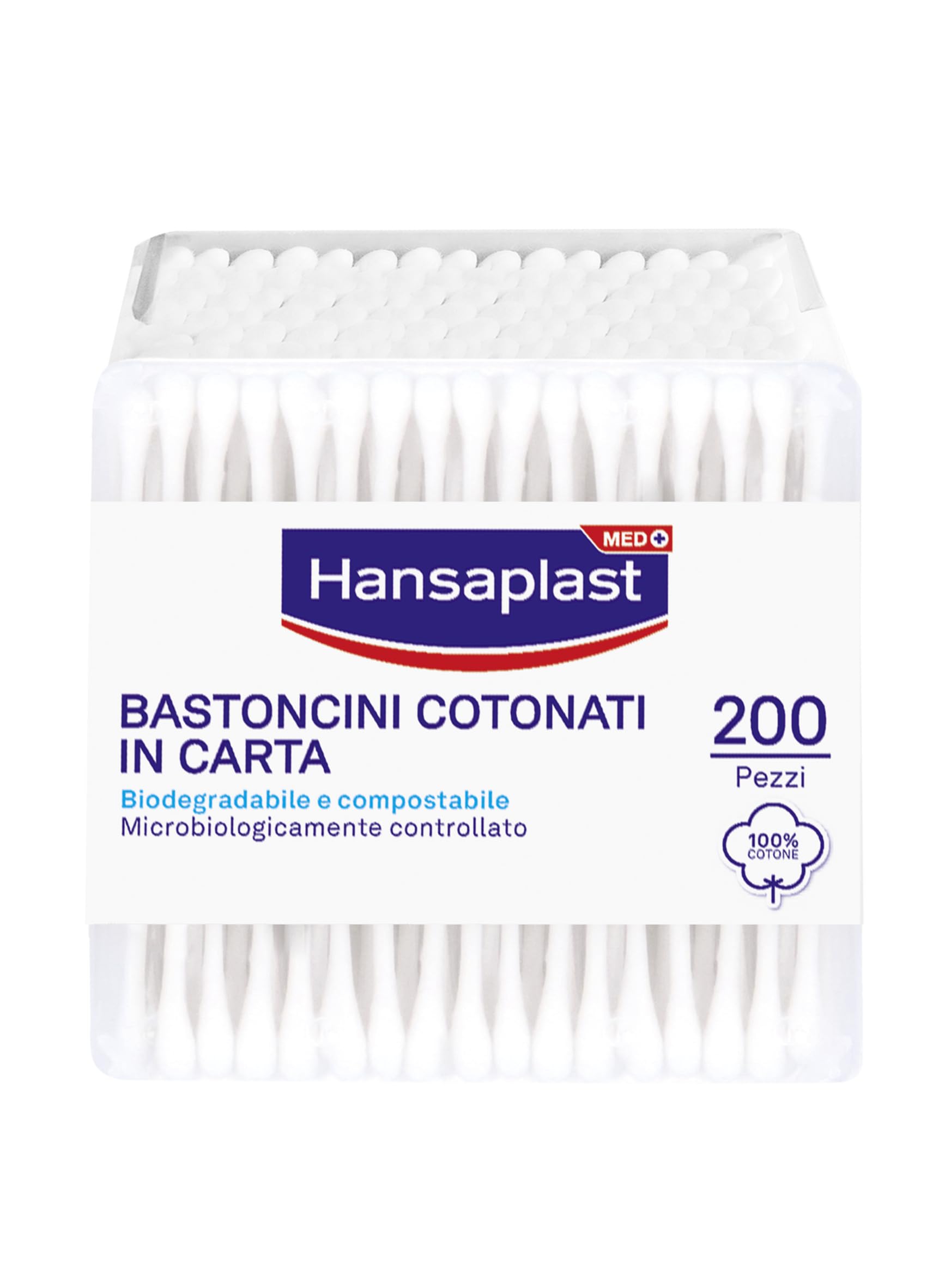 Hansaplast Bastoncini Cotonati in Carta Biodegradabile, 1 confezione x 200 pezzi, 100% Puro Cotone Idrofilo, Adatti per Pelli Sensibili, Made in Italy