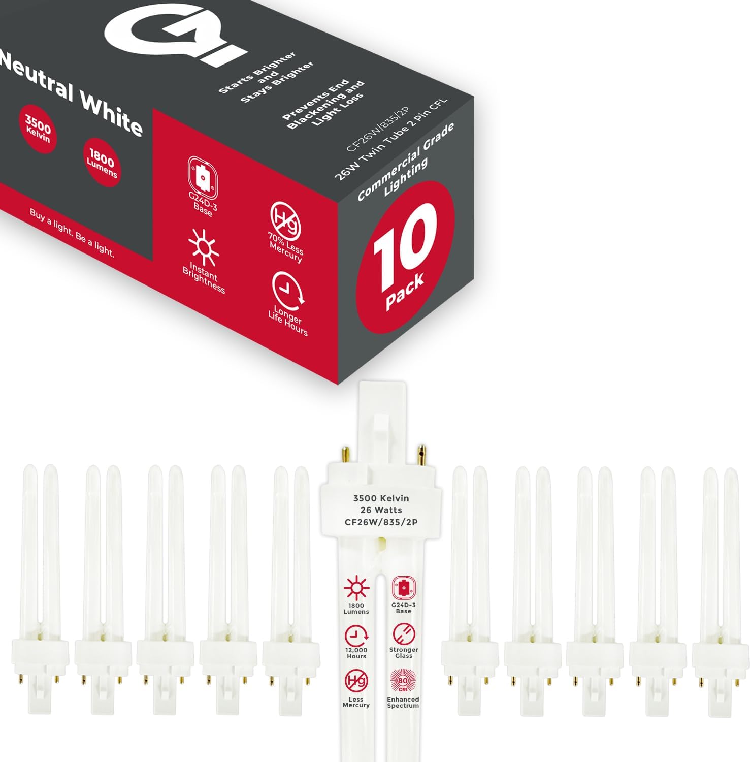 GoodBulb 26 Watt CFL Light Bulbs 2 Pin G24D-3 Base 3500K Neutral White 26W High Output 1800 Lumens Double Tube Compact Fluorescent Light Bulbs Plug-in 10 Pack image 2
