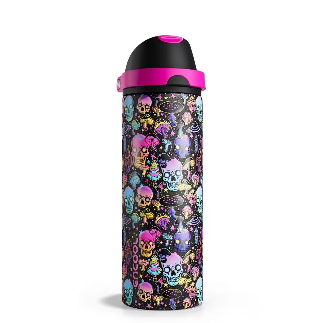 Insulated Water Bottle with Straw - Encool Stainless Steel Water Bottle with Push Button Lid, Leak-Proof &amp; BPA-Free, Keeps Cold for 24 Hours for Sports, Travel, Gym (24 oz, Trippy Skulls)