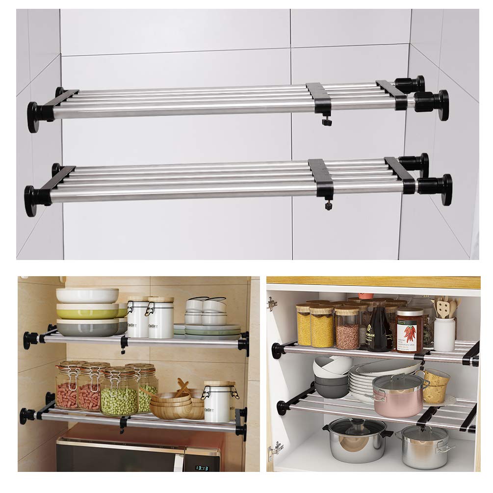 BAOYOUNI Étagère de Placard Telescopique en Métal Etagere de Rangement Réglable sans Perçage Organiseurs de Armoire Separateur Stockage Rack pour Cuisine, Salle de Bain, Chambre 60-100cm, Noir