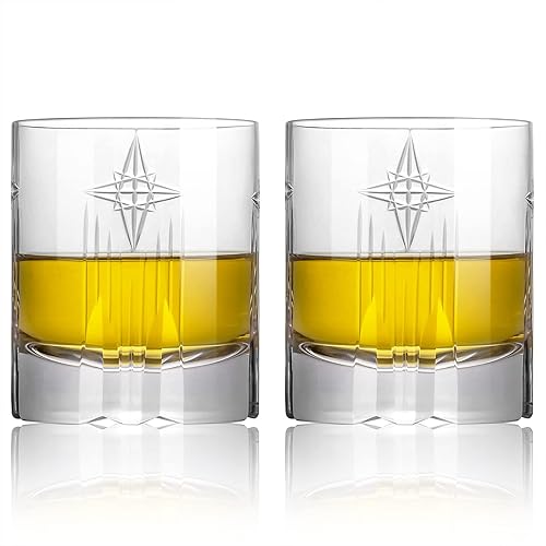 SHOSHIN Vasos de whisky cortados a mano, 10 onzas, juego de 2, vasos de whisky de cristal a la antigua, vasos de whisky únicos para hombres y