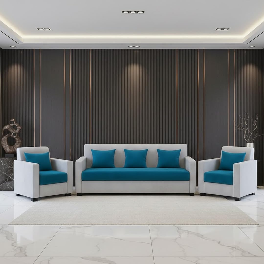 FURNY Lixon 5 Seater Fabric 3+1+1 Sofa Set Velvet Fabric (Aqua Blue -Light Grey) | Modern Design | Living Room Furniture | Modern Stylish Sofa for Home-image-36