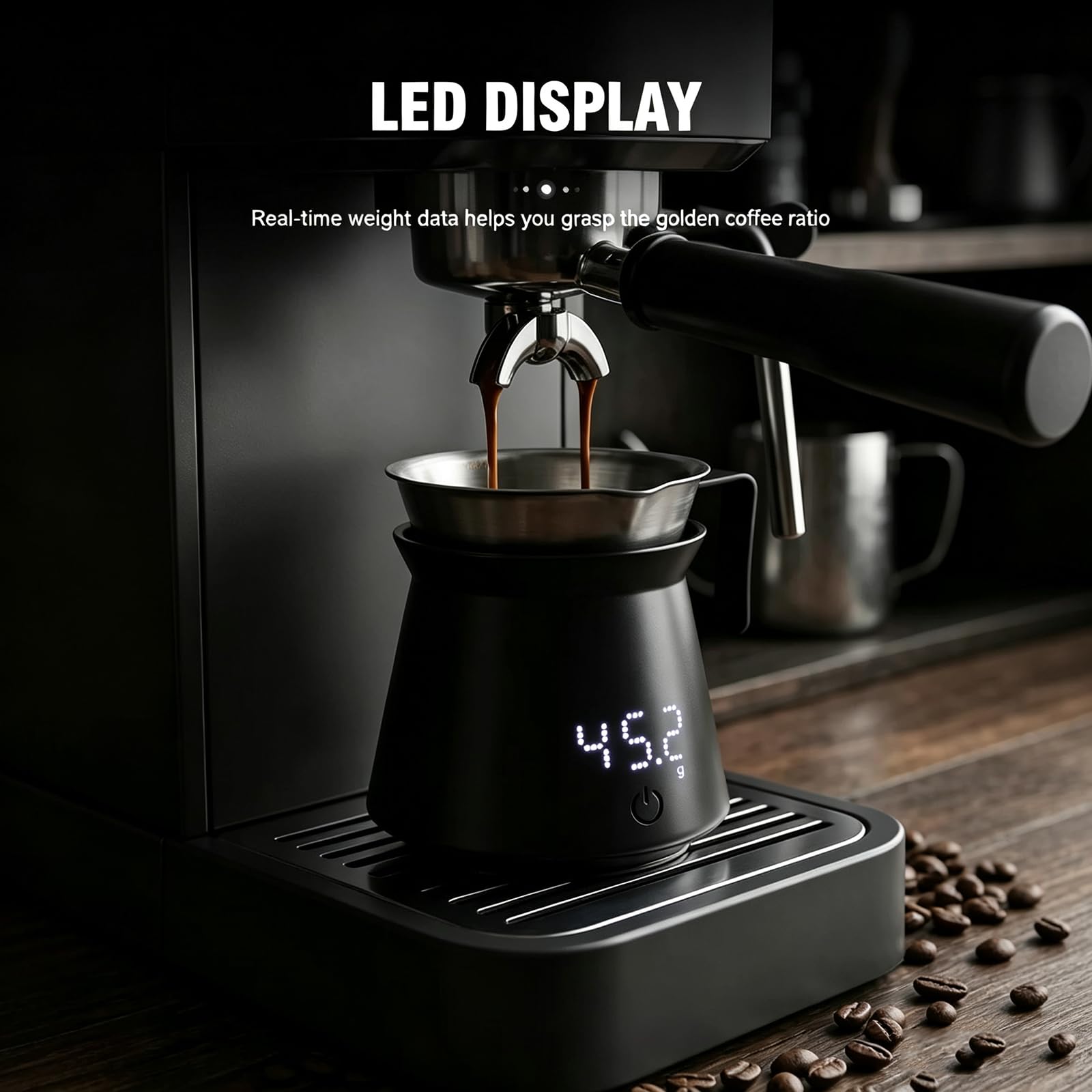 Doseur À Café avec Balance Intégrée, Pesée Expresso De Précision (0,1 G), Affichage Numérique LED, Rechargeable, Capacité Jusquà 500 G, pour Le Dosage du Café Et La Méthode Douce