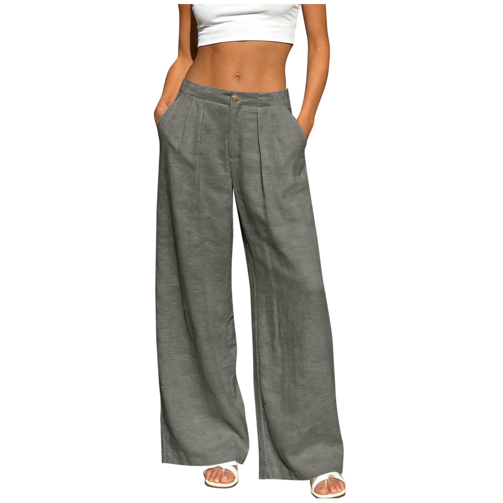 AACH Leinenhose Damen Sommer Stoffhose Lang Weites Bein Hose Einfarbig Leicht Sommerhose Musselin Gerade Geschnitten Hosen Knöpfen Reißverschluss Freizeithose mit Taschen Anzughose - 1