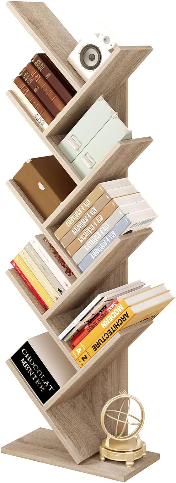 Bookcase Standing Shelf Unit Tree-shape Storage Shelves with 9 Dividers Bookshelves File Racks 40x20x127cm, light oak (Light oak)