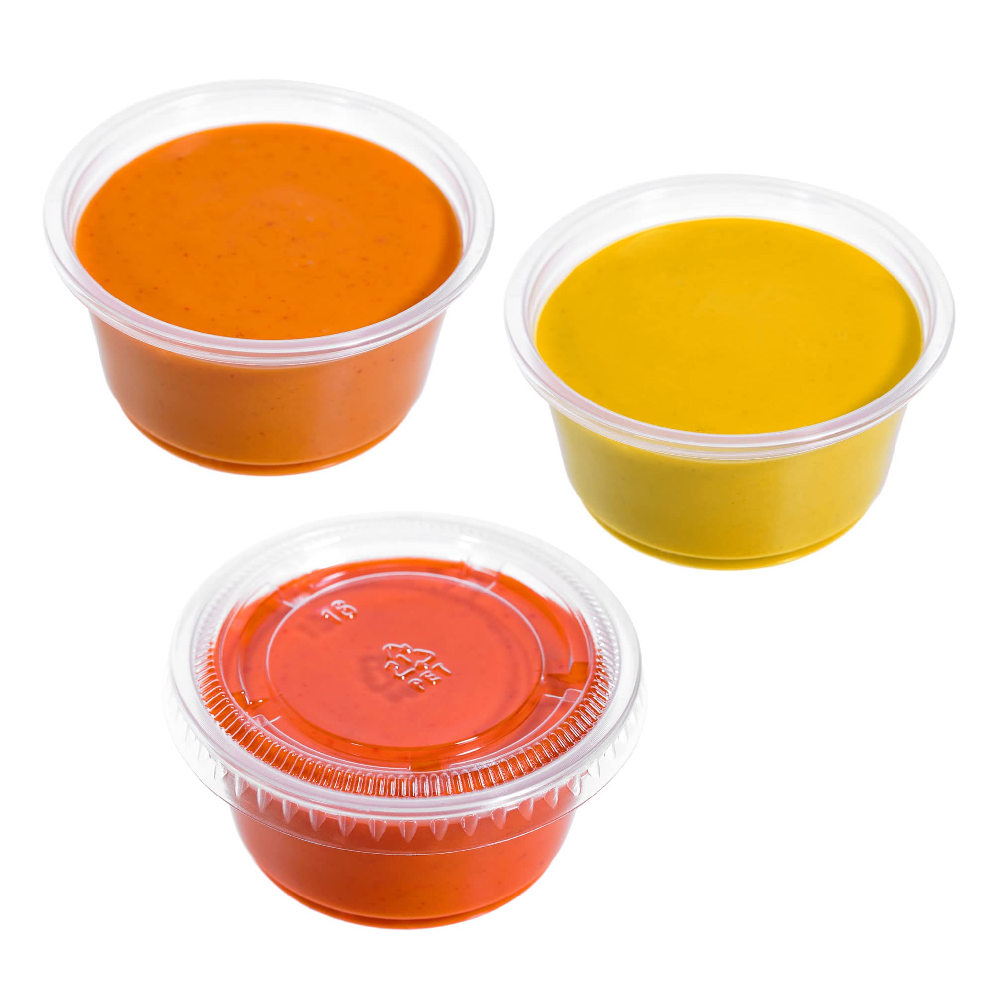 STACKABLES Pack of 150 Plastic Small Portion Cups with Lids 2oz ~ Soufle Cups, Sauce Pot with Lids, Mini Portion Cups with Lids ~ Take Away Chutney Ketchup, Jelly Shot & Salad Dressing Cups