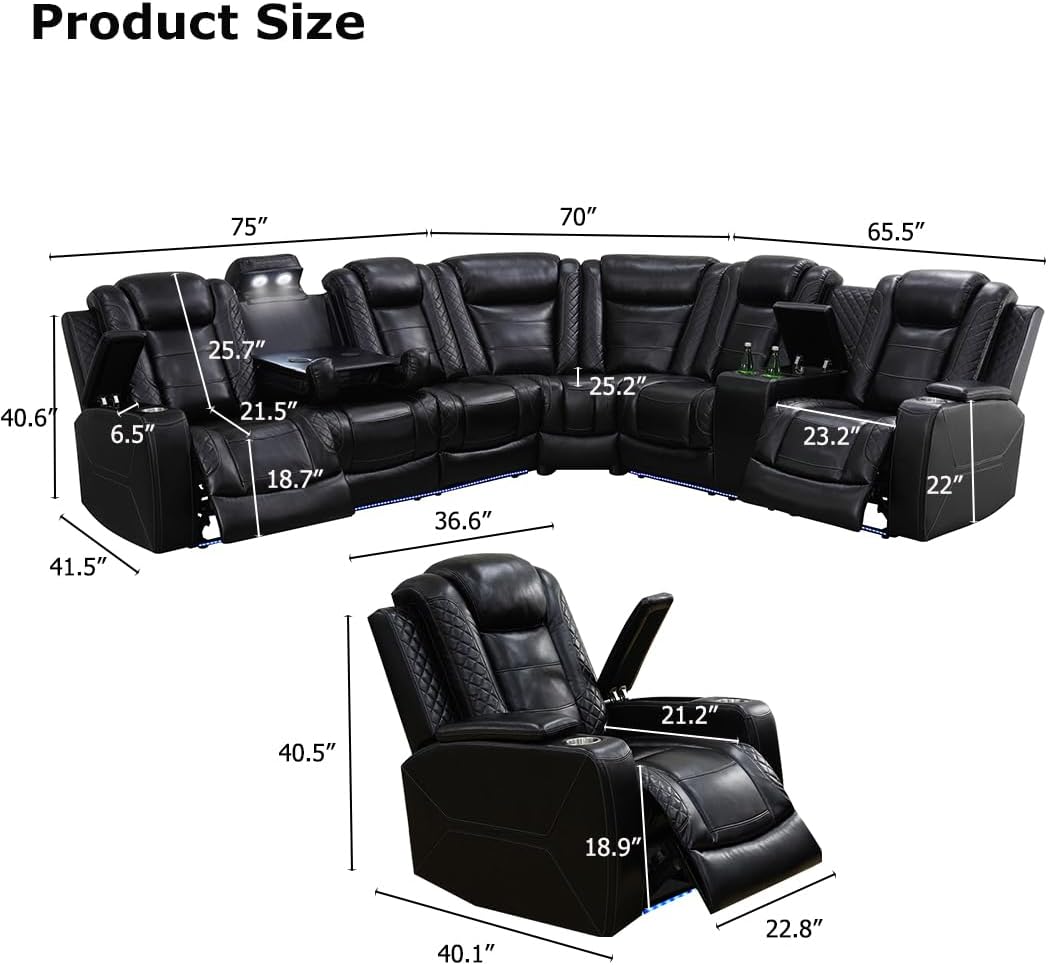 Power Recliner Sectional and 2 Chairs Set with LED Light, Black Leather Reclining Sectional Couch, Living Room Furniture Sets, Reclining Corner Couches with Cup Holder for House
