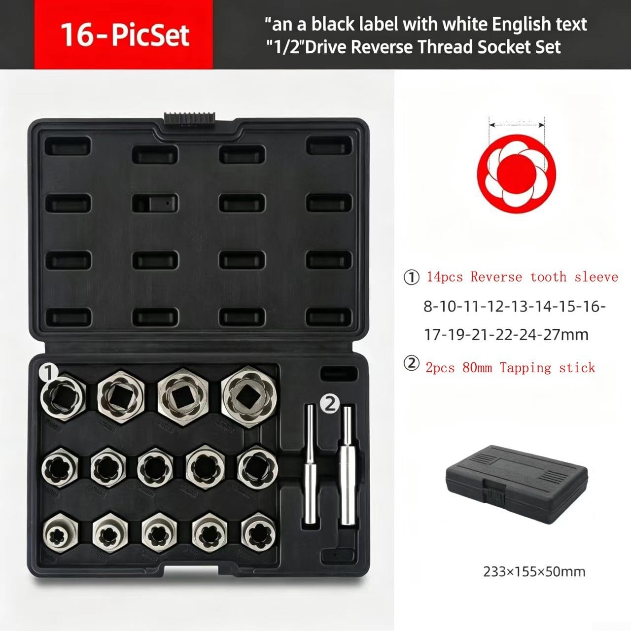 Set di estrattori di bulloni di precisione con bussole a spirale inversa nelle misure 6, 8, 10, 12, 14, 17, 19, 22 e 27 mm, con adattatore per punte da trapano (16 pezzi)