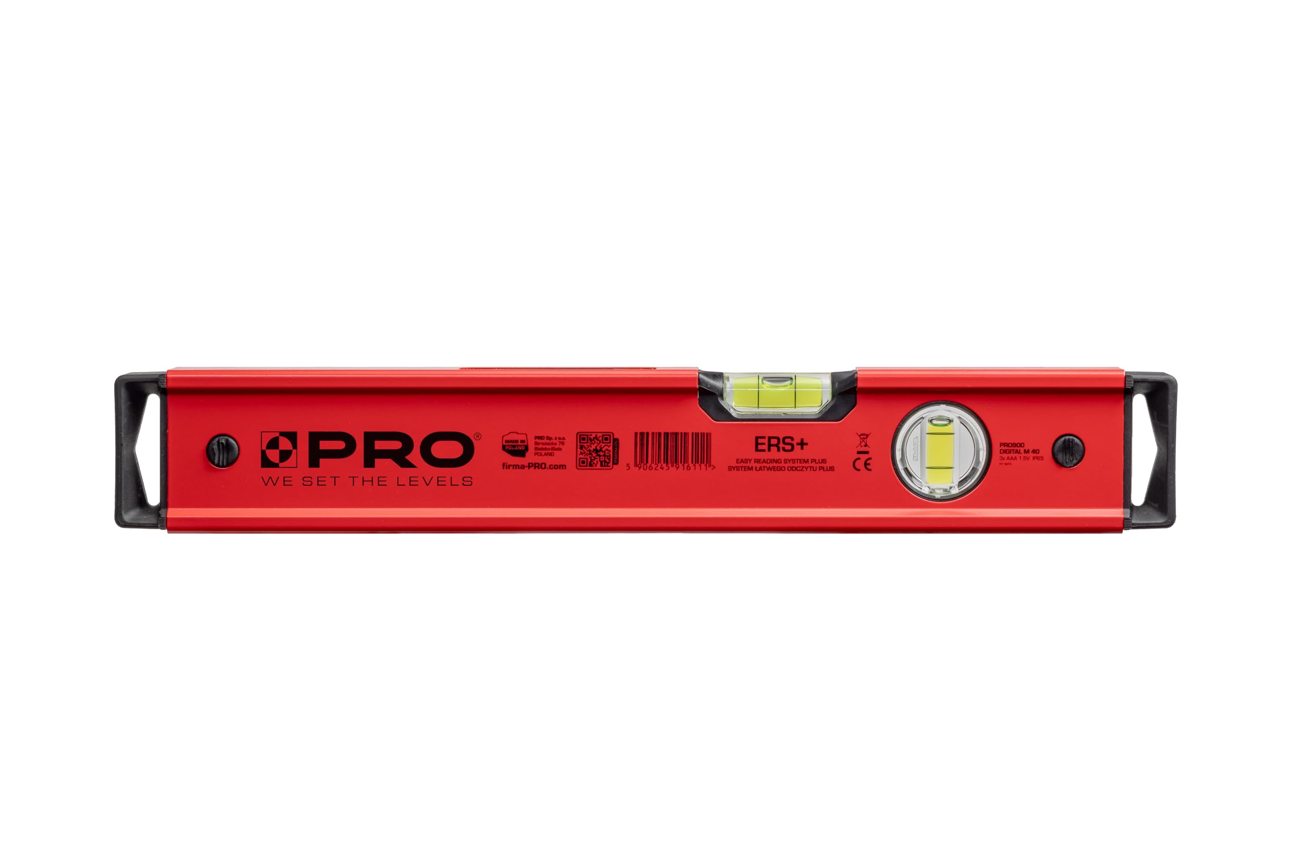 PRO PRO900 Digitale Wasserwaage 40cm mit 2 LCD Displays - Elektronische Wasserwaage mit Messwertspeicher für bis zu 19 Ergebnisse Schutzart IP65 - Farbe Rot