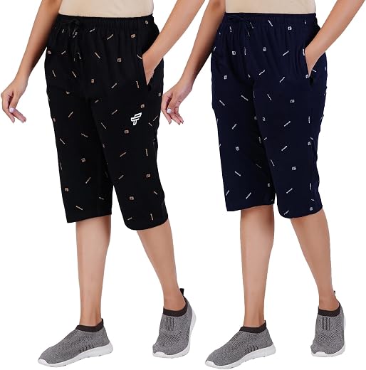 FEEL TRACK Women Cotton Regular Fit Printed Capri (Pack of 2)