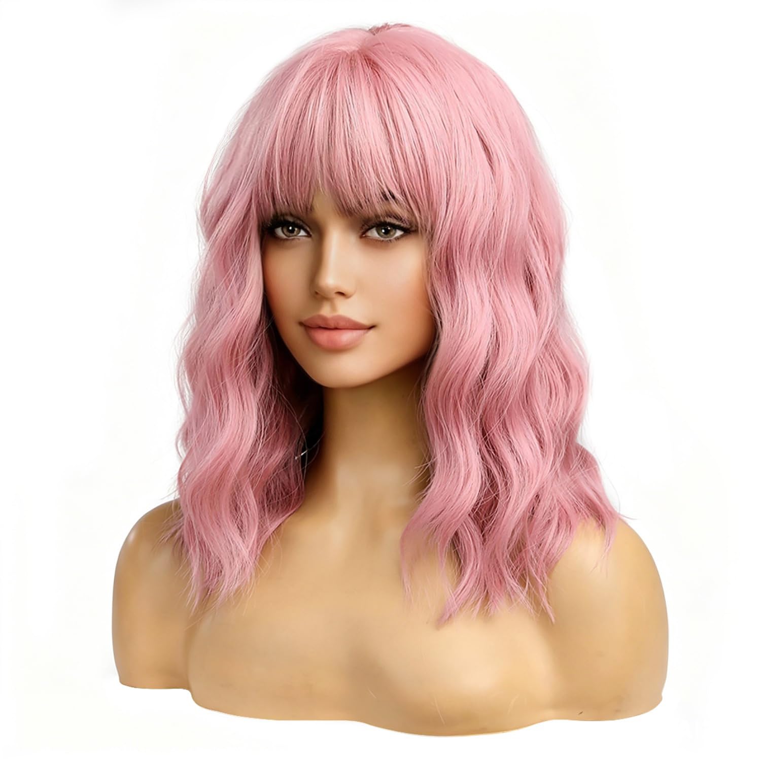 BERON 14 Inches Women Girls Short Curly Synthetic Wig with Air Bangs Lovely Pink, 230 Grams