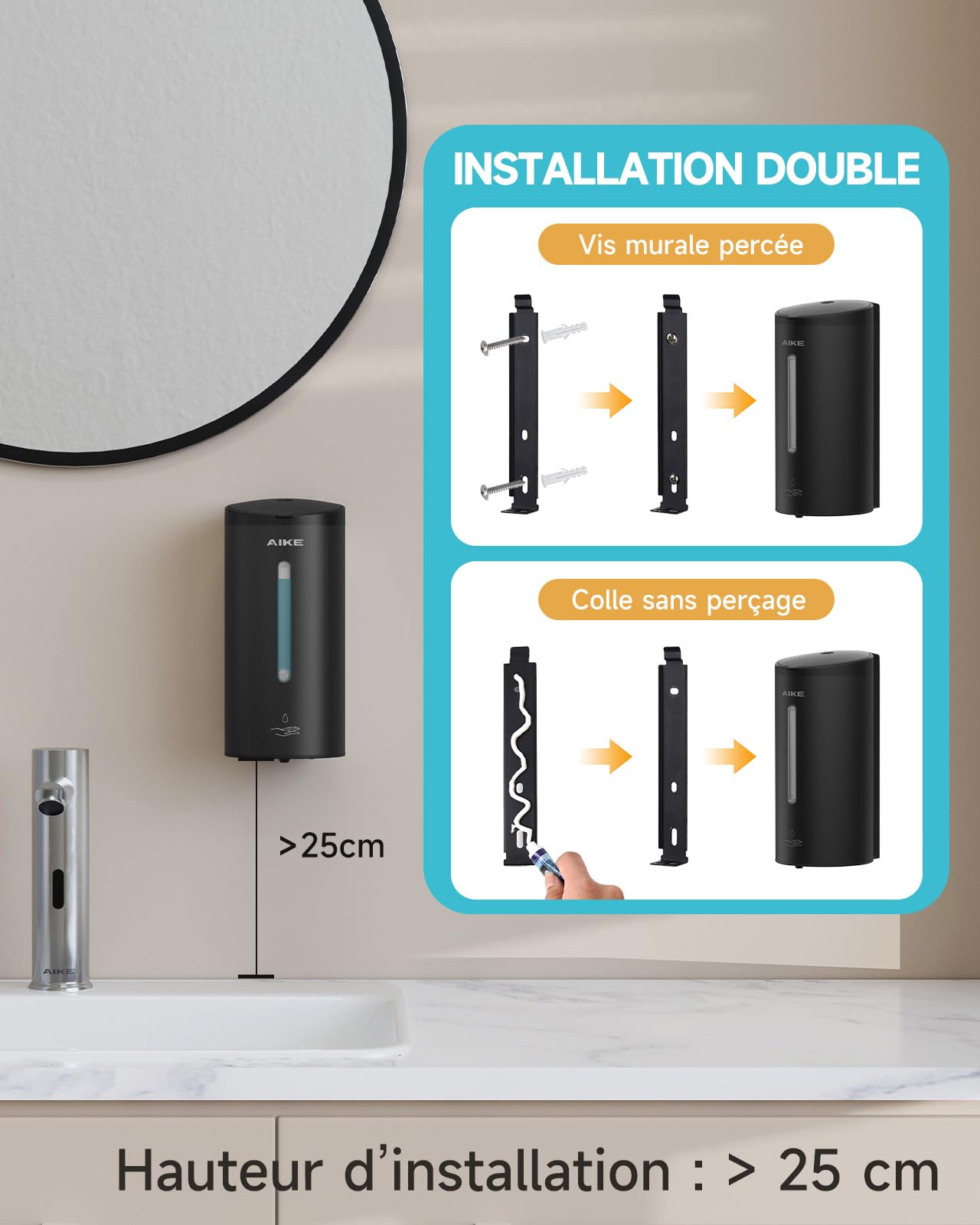 AIKE AK1205E Distributeur de Savon Automatique Mural, Capacité Importante en Acier Inoxydable pour Salle à Manger et Toilettes