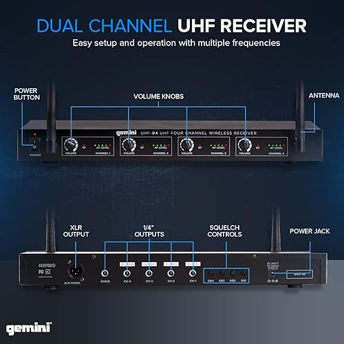 Miniatura 4 de Gemini Sound UHF-04M - Juego de 4 micrófonos de mano inalámbricos inalámbricos y receptor para DJ, karaoke, rendimiento escénico o sistema de