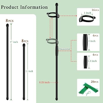 Plant Stakes 17inch &11inch SupKing Adjustable Length Plant Support Stake 16Pcs Black Orchid Stick with Clips for Indoor Outdoor,Garden Pole for Potted Tomato Amaryllis Vegetables with 20 Ties