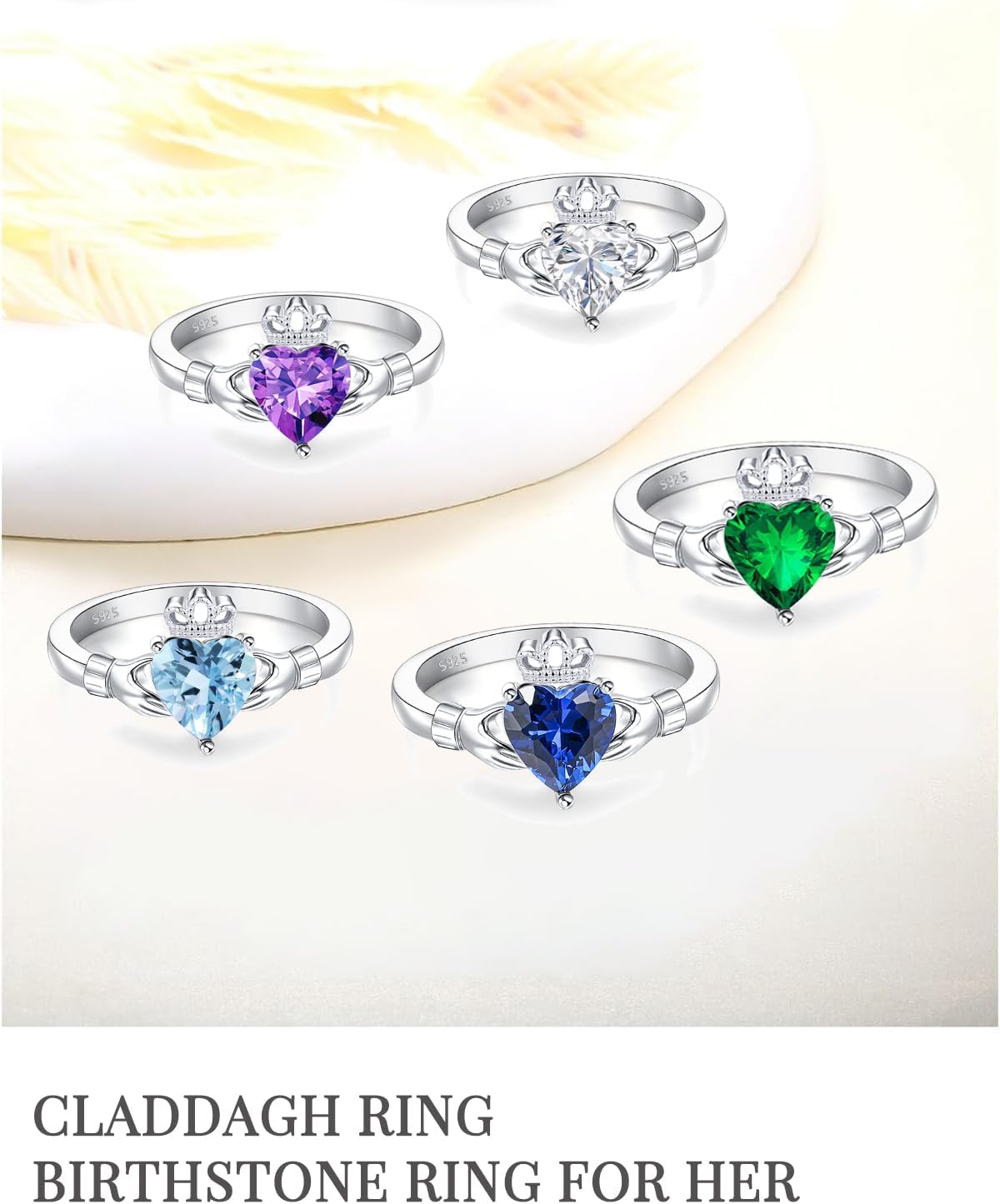 Claddagh Rings for Women 925 Sterling Silver Irish Birthstone Statement Ring Jewelry for Wife - Image 4