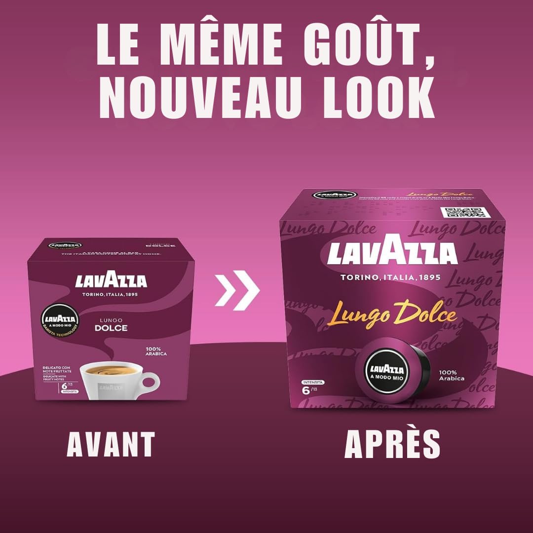 Lavazza, A Modo Mio Lungo Dolce, Cápsulas Monodosis de Café Molido, para un Espresso con Notas Aromáticas de Frutos Secos y Flores, 100% Arábica, Intensidad 6/13, Tueste Medio, Paquete de 16 Cápsulas