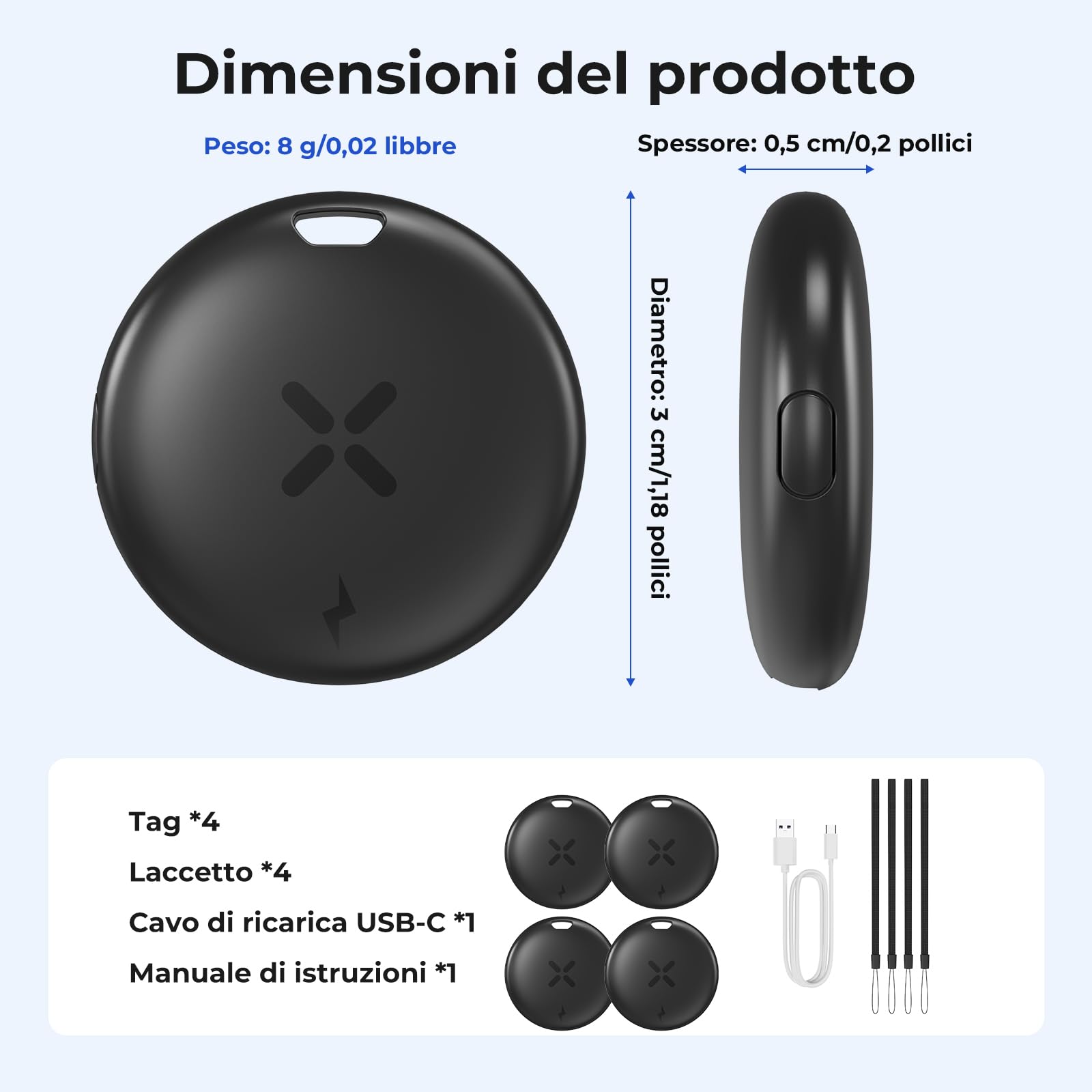 Smart Tracker Tag 4 Pezzi - Ricarica USB-C Localizzatori GPS Compatibile con Apple Dov'è (Solo iOS), per Portafogli, Chiavi, Zaini, Bagagli, Segnale Acustico, Posizionamento Globale, Nero