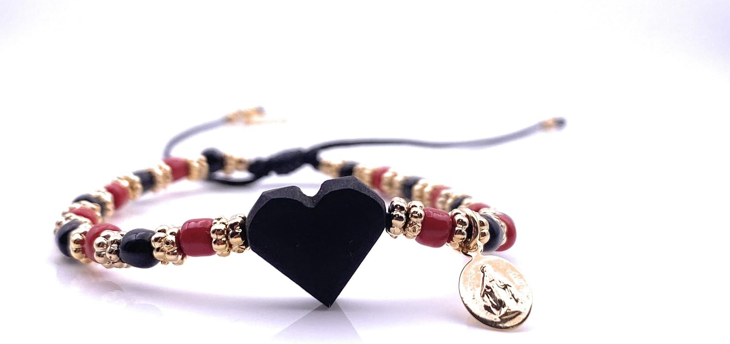 Stylish Women's Bracelet with Natural Azabache Heart Pendant and Minimalist Miraculous Virgin Charm - Image 5