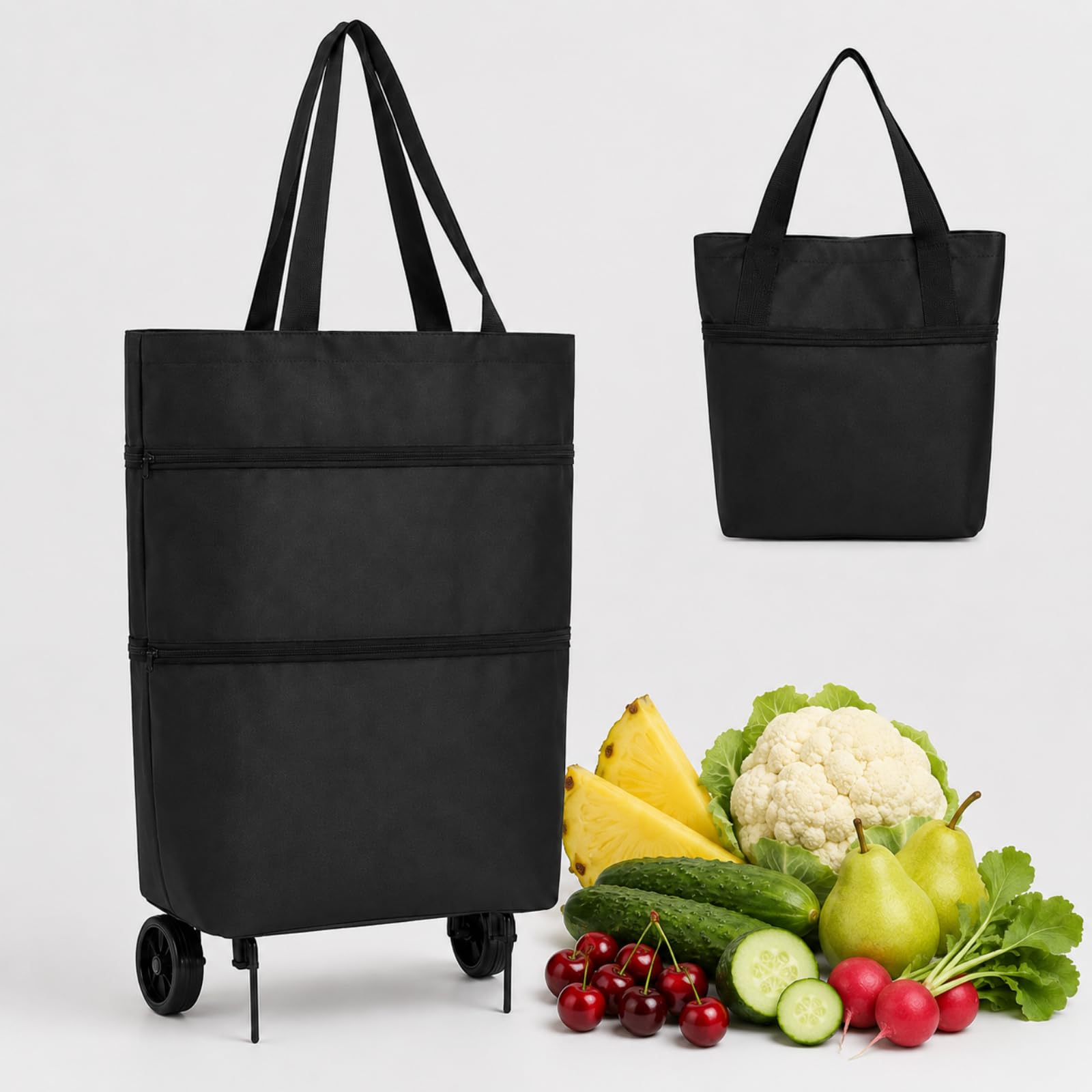 2-in-1 Foldable Shopping Trolley Bag with Wheels, 23L Grocery Cart and Shoulder Bag, 600D Oxford Fabric Carrier with Silent Wheels for Supermarket, Travel and Daily Shopping (black)