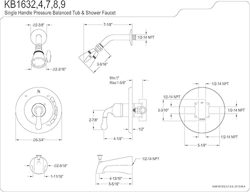 Miniatura 2 de Kingston Brass KB1634 Magellan - Grifo para bañera y ducha con manija de una sola palanca, cromo pulido y latón pulido, alcance de boquilla de 5