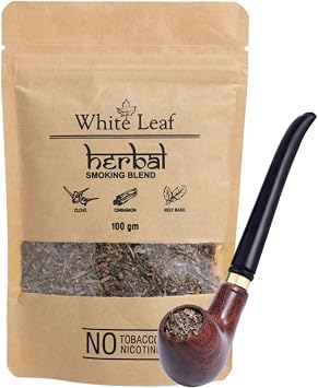 White Leaf Tobacco & Nicotine Free Herbal Smoking Blend with 100% Natural Herbs 1 Pack 3.5 Oz/ 100G with Wooden Pipe