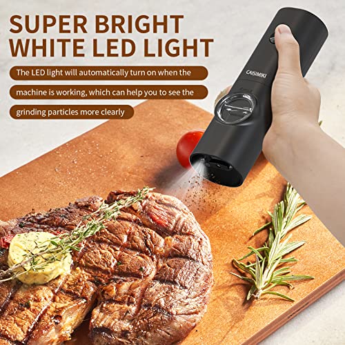 Caisimiki Electric Salt Or Pepper Grinder Battery Operated, Automatic Pepper Mill Grinder With Led Light, Adjustable Coarseness, One Hand Operated, Free Brush And Spoon, Black, 1 Pack #TOP3