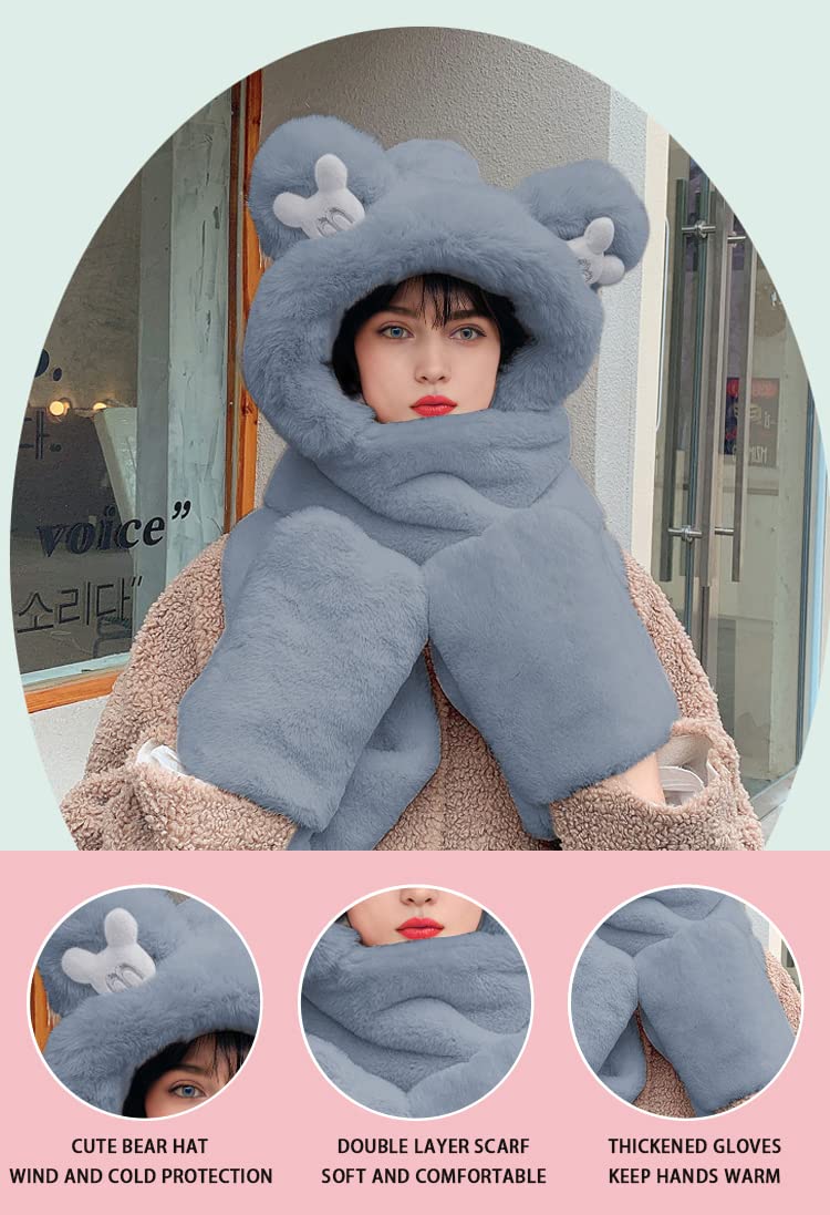 3 in 1 Sciarpa Cappello Orso Orecchio Guanti in Pile Termico Caldo per Inverno Cappello da Donna con Orecchie di Orso alla Moda Cappuccio Sciarpa Guanti per Outdoor
