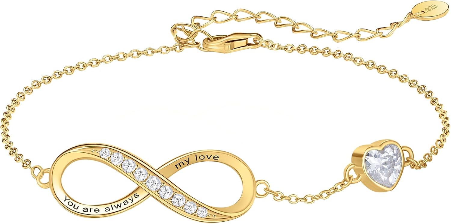 NORBU S925 Infinity Bracelets for Women, 18K Gold Plated Engraved Womens Infinity Heart Birthstone Link Charm Bracelet 925 Sterling Silver, Jewelry Gift for Her Wife Girlfriend Christmas Birthday Valentine Mother's Day