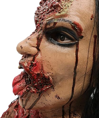 Miniatura 5 de Máscara de zombi de mujer espeluznante realista de cabeza completa con cabello, máscara de zombi con cara de podredumbre de terror, máscara de
