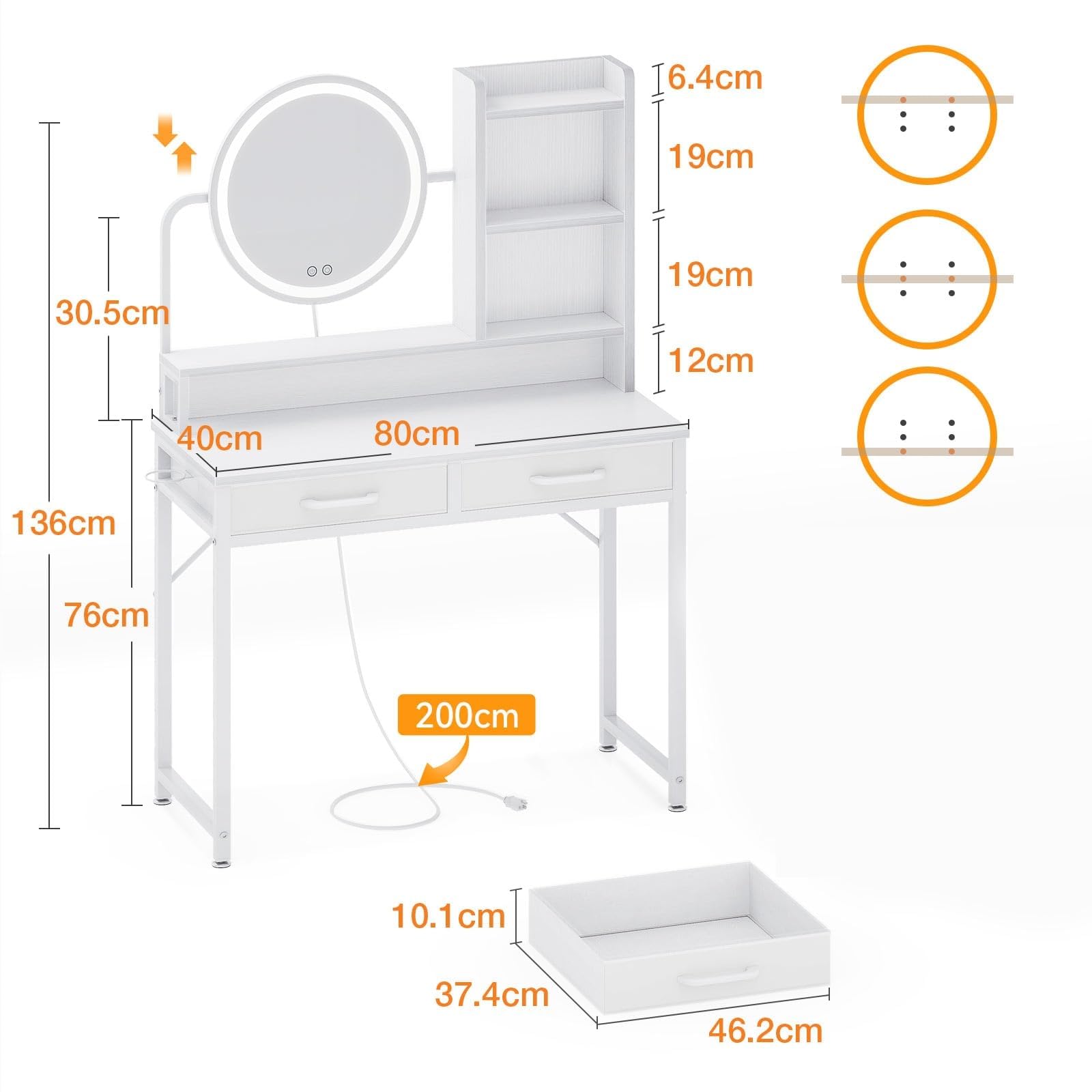 ODK Bureau Coiffeuse avec Miroir LED, avec Miroir Réglable en Hauteur pour 120-180 cm, 2 Tiroirs en Tissu et 4 Compartiments Ouverts, 80×40×136cm Coiffeuse Blanche
