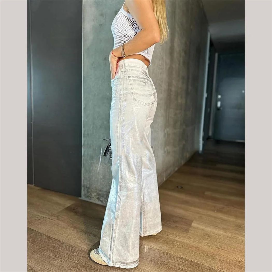 Women Metallic Denim Wide Leg Jeans High Waist Loose Oversize Hip Hop Casual Trousers