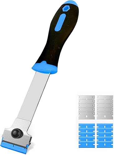Raspador de hoja de afeitar, herramienta raspadora de mango largo con 10 cuchillas de plástico y 10 cuchillas de metal, ideal para quitar etiquetas,