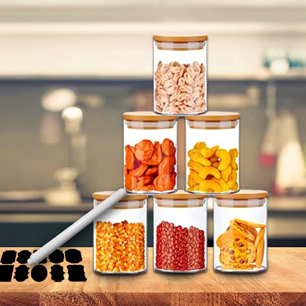 Home & Treat Lot de 6 bocaux de conservation en verre avec couvercles en bambou - 500 ml - 6 couvercles et étiquettes - Contenants alimentaires en verre borosilicate pour sucre, grains de café, noix,