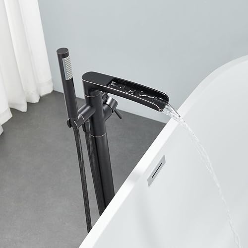 Miniatura 8 de Wowkk Grifo de bañera independiente en cascada de bronce aceitado para montaje en el suelo, relleno de bañera de latón de una sola manija Grifos de