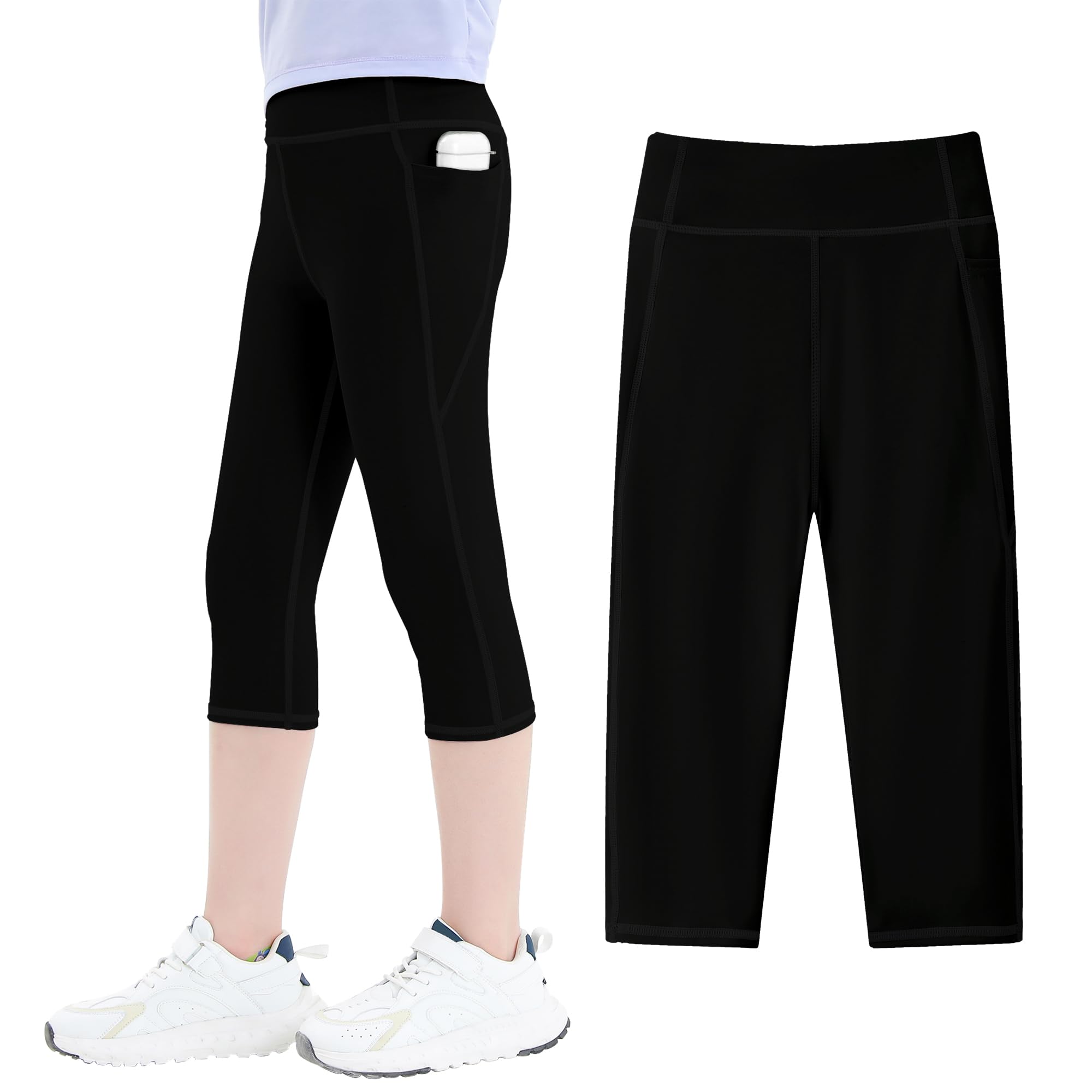 JinBei Sport Legging Meisjes Capri 3/4 Sportbroek met Zakken Hoge Taille Kids Yoga Leggings Knielengte Joggingbroek Elastische Eenkleurige Legging voor Fitness Gym Dans, 5-6 Jaar, GR.110-116