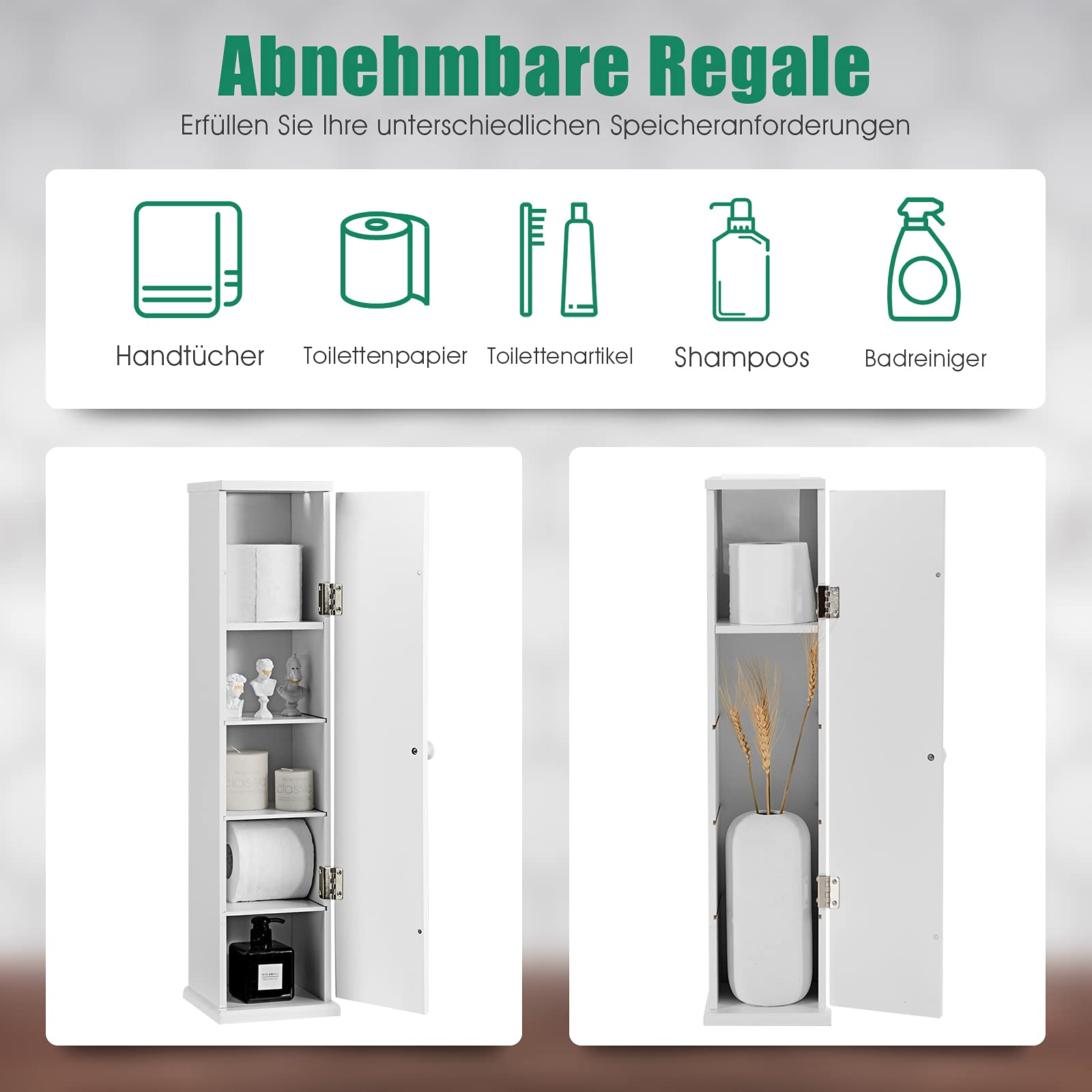 COSTWAY Toilettenschrank Weiß - Schmaler Badschrank 18x19,5x80cm Mit Regalen