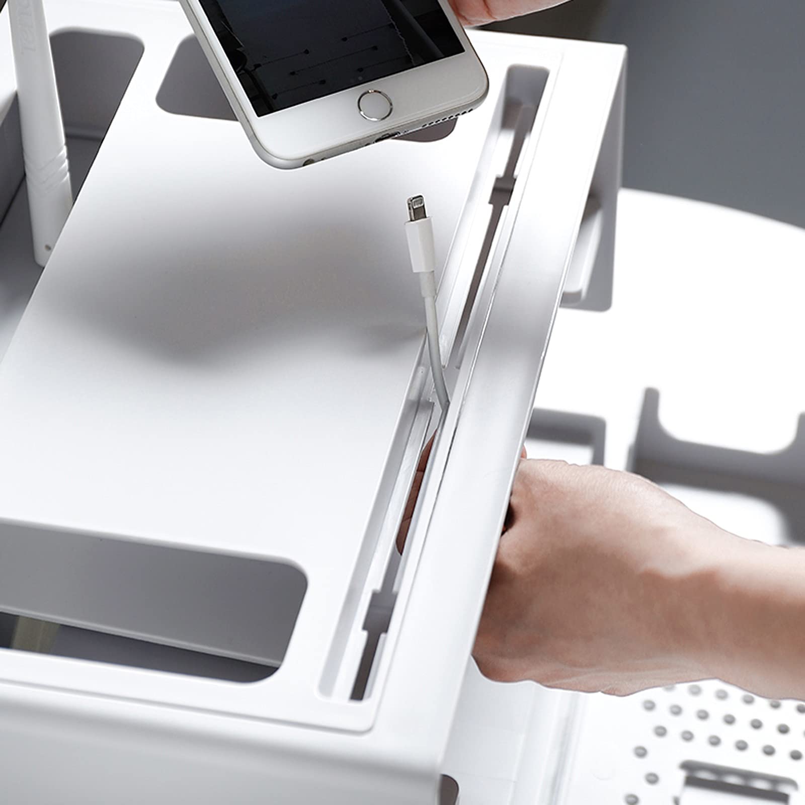 Kabelmanagementbox Multifunktionale Aufbewahrungsbox für drahtlose Router Große Kabelmanagementbox mit Abdeckung Abnehmbare Aufbewahrungsbox für Steckdosenleisten für das Heimbüro, Weiß/Grau Netzkab