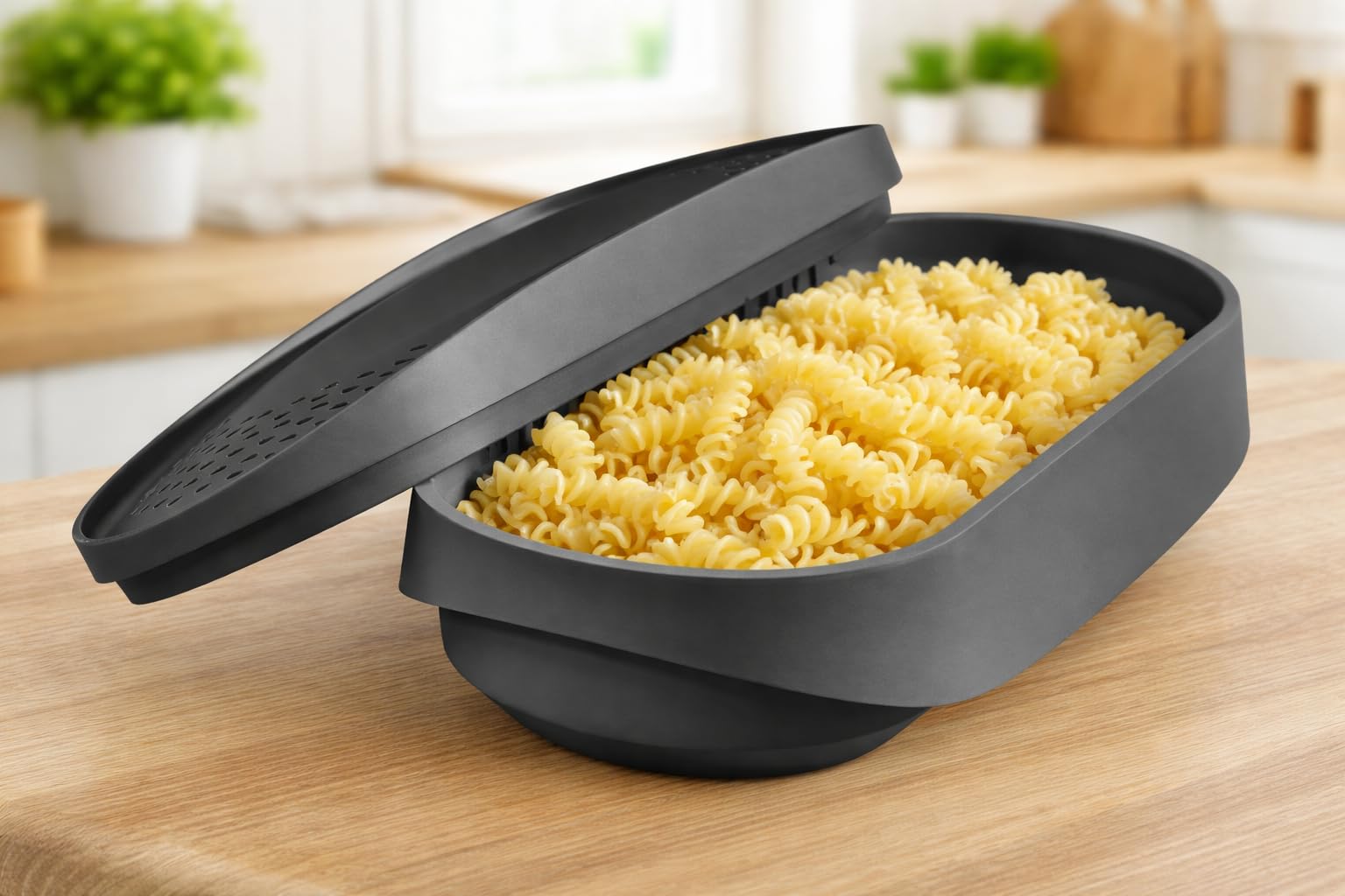 GION BPA-Free Microwave Pasta Cooker with Strainer Lid – Heat Resistant, Cook Drain & Serve in One Container – Elongated Oval Shape-image-34
