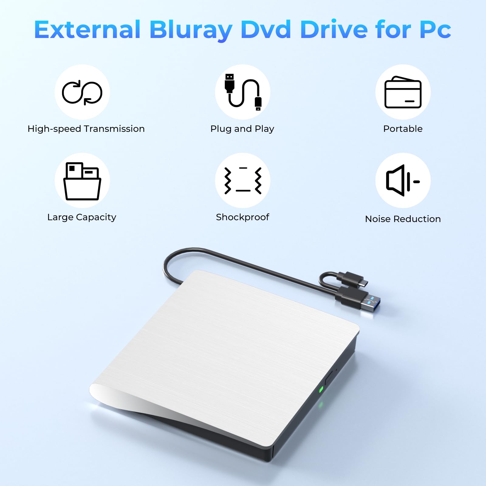 Yaeonku Lecteur Blu-ray externe blanc, prend en charge les disques Blu-ray 50 G de lecture/écriture, graveur Blu-ray 3D portable avec USB 3.0 et Type-C, convient pour Windows XP/7/8/10/11 MacOS pour