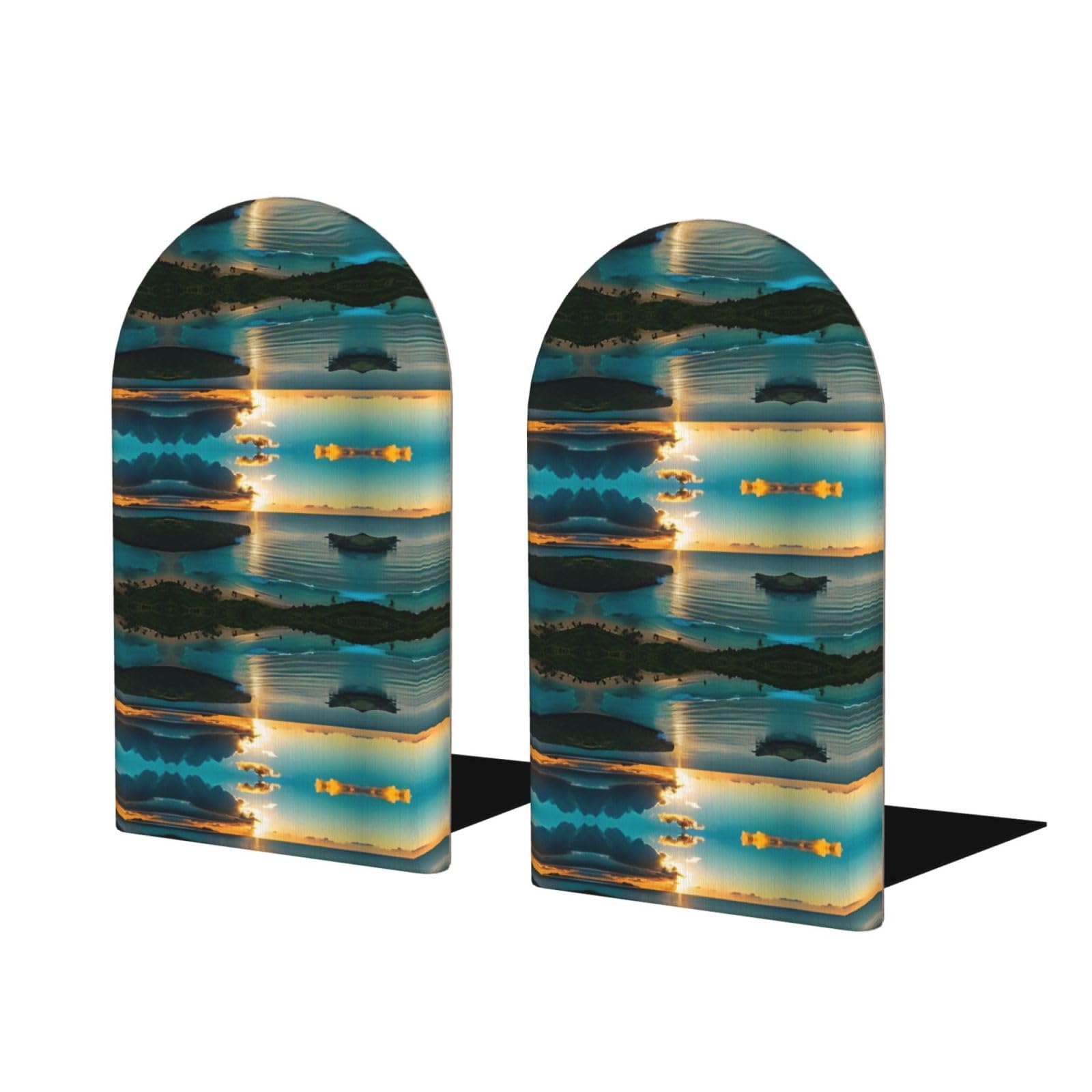 Hawaiian Seaside Sunset Stylish Bookends with Full-Print Design Durable Wooden and Metal Bookend Set for Home, Office