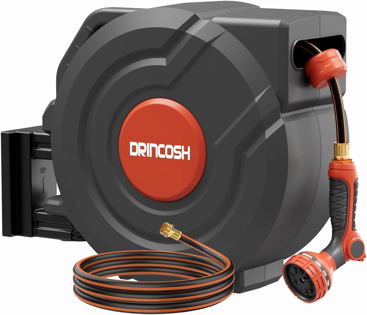 Retractable Garden Hose Reel 90 ft 5/8 inch Automatic Rewind Water Hose with Any-Length Lock 9 Pattern Nozzle Sprayer 180° Swivel Wall-Mounted Hose Reel for Home Yards