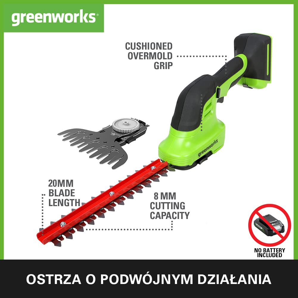 Greenworks G24SHT Nożyce do Trawy i Krzewów 2w1, 20 cm Ostrza do Żywopłotu, Cięcie Gałęzi i Łodyg do 8 mm, 2800 Cięć na Minutę, 15 cm Ostrze do Trawy BEZ Baterii 24V i Ładowarki, 3 Lata Gwarancji