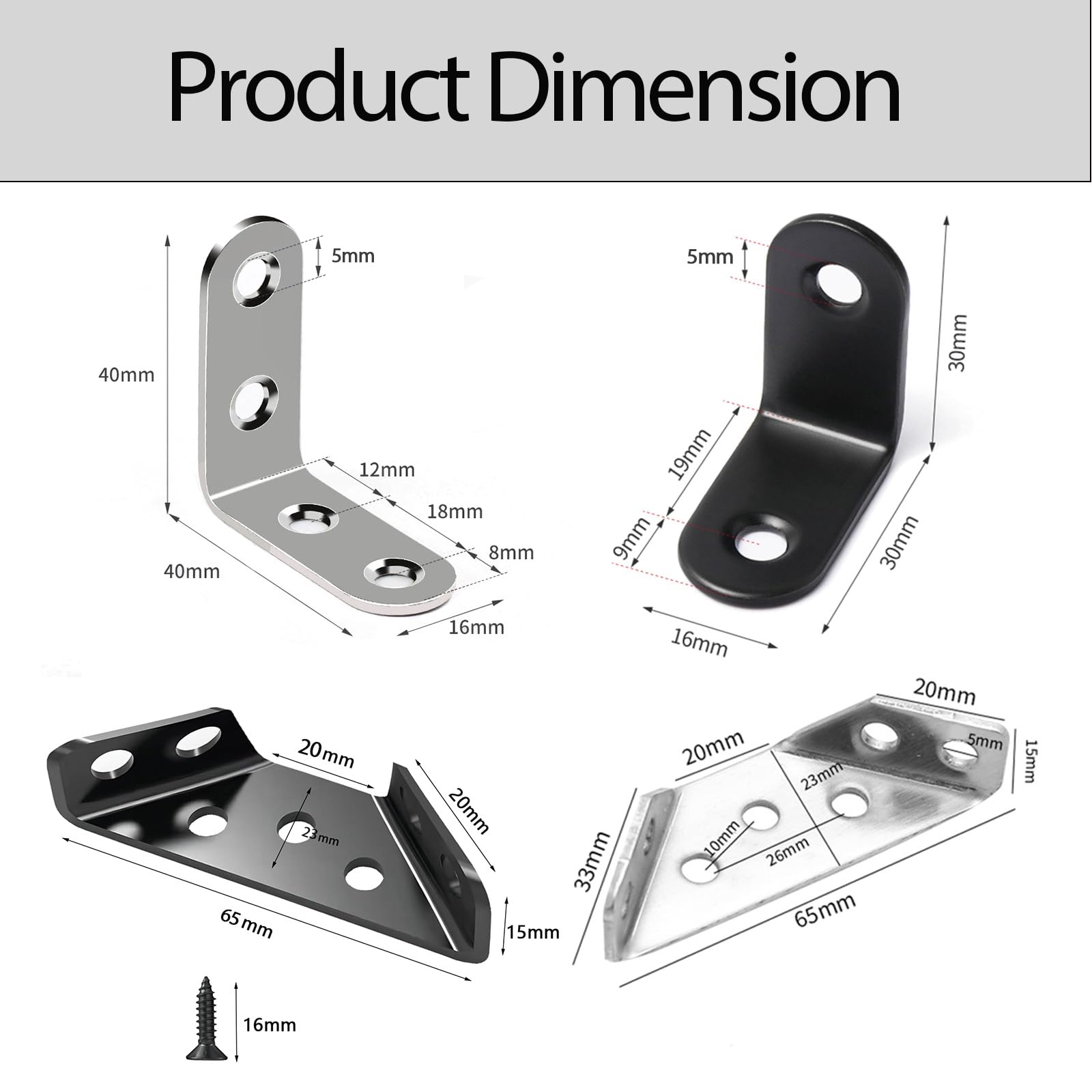 60 Pack Corner Connector, L Brackets and Shelf Brackets, Stainless Steel Angle Code with Screws, for Wood Braces, Shelves